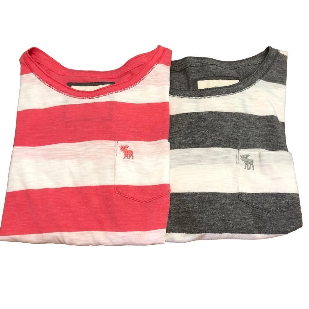 Lot of 2 Abercrombie & Fitch Striped Tops XS Pink Gray Moose Logo on Pocket EUC